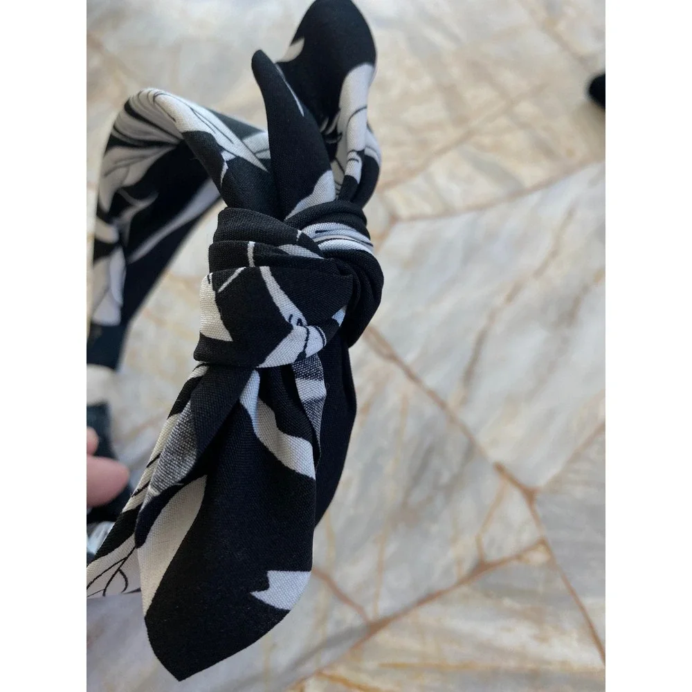 Black White Floral Top Knot Headband Fabric Wrapped Botanical Print Hair Band